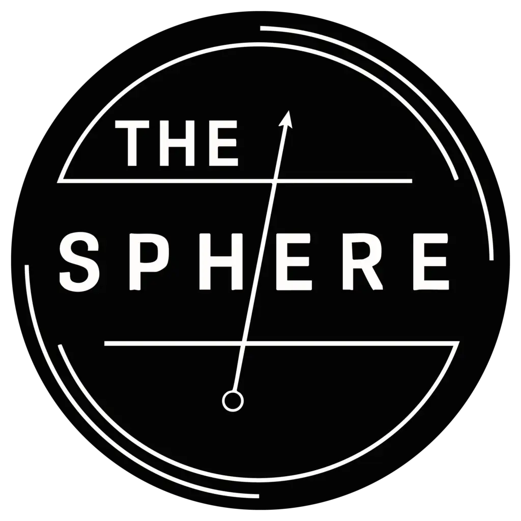 The Sphere Cheltenham circular logo – modern black and white emblem with compass-style line